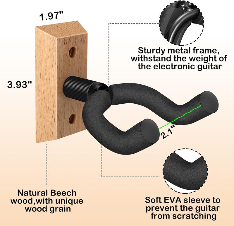 DOMMI Guitar Wall Mount 4 Pack, Guitar Hanger with Rotatable Soft Hook for All Size Guitars, Hardwood U-Shaped Guitar Holder Wall Mount for Acoustic, Electric Guitar, Bass - Image 3